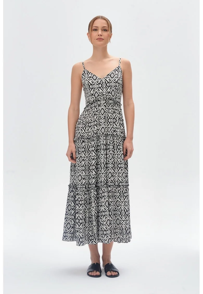 Rochie lunga cu decolteu in V, Alb/Negru