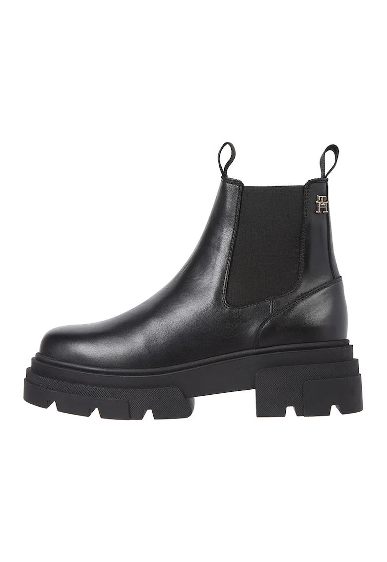 Ghete Chelsea de piele cu talpa masiva, Negru