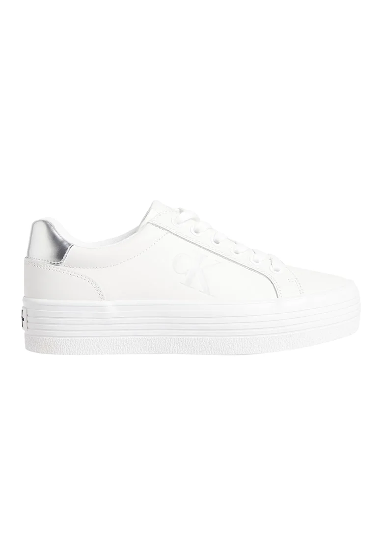 Pantofi sport flatform din piele, Alb optic/Argintiu
