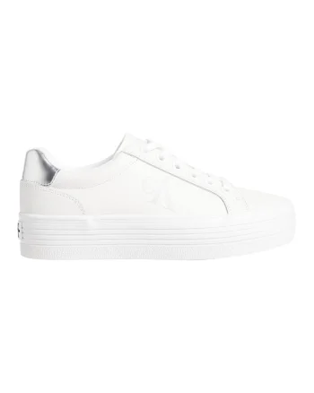 Pantofi sport flatform din piele, Alb optic/Argintiu