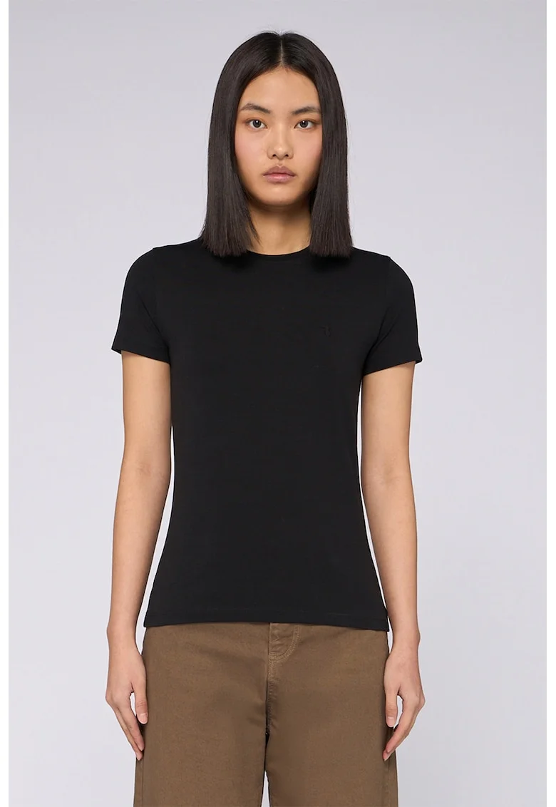 Tricou slim-fit cu decolteu la baza gatului, Negru
