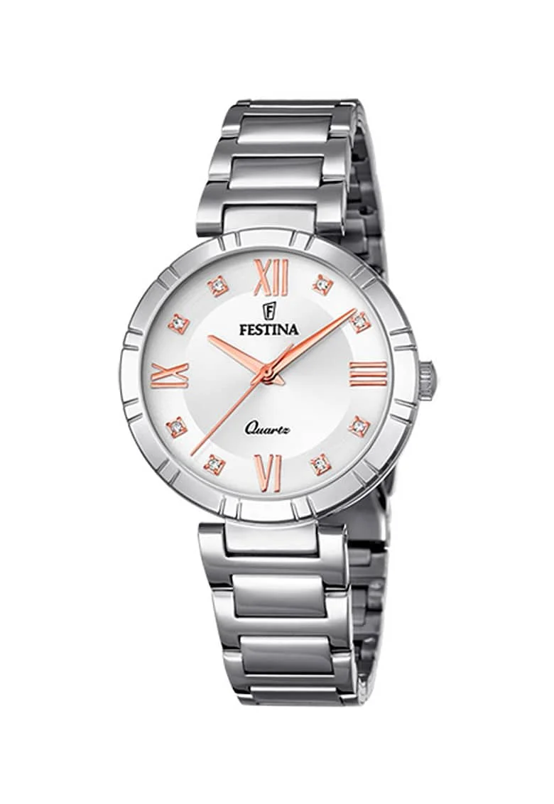 Ceas rotund decorat cu zirconia, Argintiu/Auriu rose/Alb, Argintiu