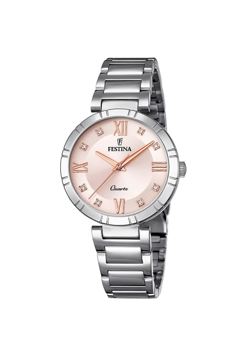 Ceas rotund decorat cu zirconia, Argintiu/Auriu rose/Alb, Roz