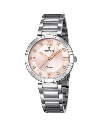 Ceas rotund decorat cu zirconia, Argintiu/Auriu rose/Alb, Roz