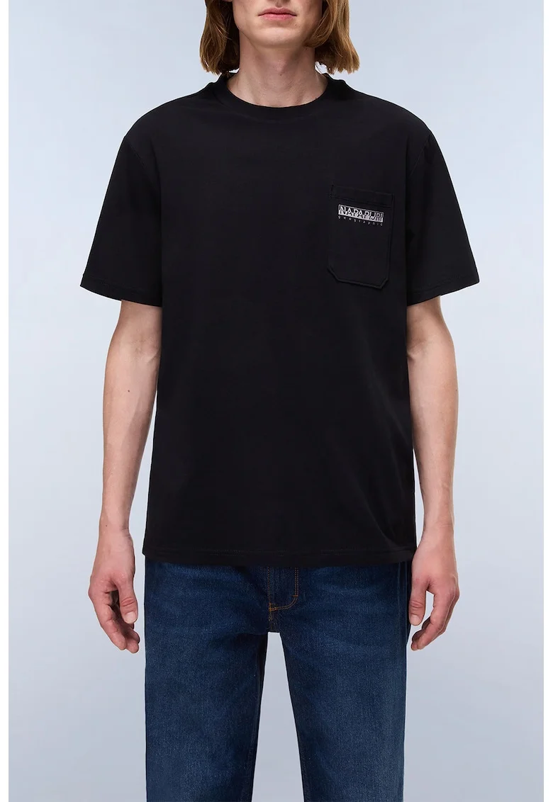 Tricou cu buzunar pe piept si decolteu la baza gatului, Negru/Maro taupe deschis