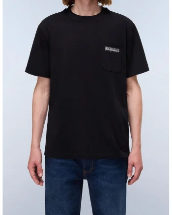 Tricou cu buzunar pe piept si decolteu la baza gatului, Negru/Maro taupe deschis