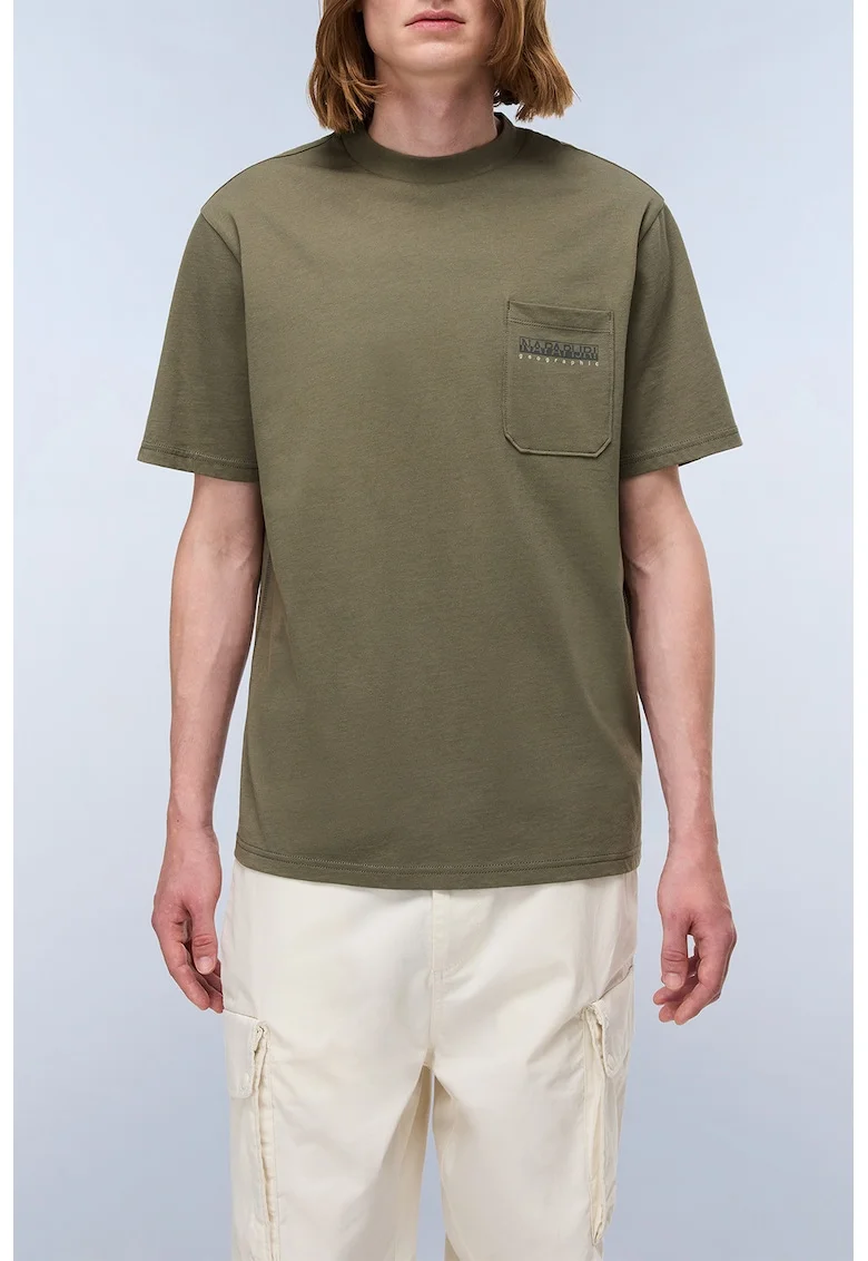Tricou cu buzunar pe piept si decolteu la baza gatului, Maro taupe/Kaki