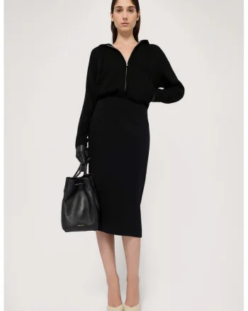 Fusta midi cambrata cu model uni, Negru