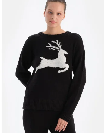 Pulover cu model cu ren, Alb/Negru