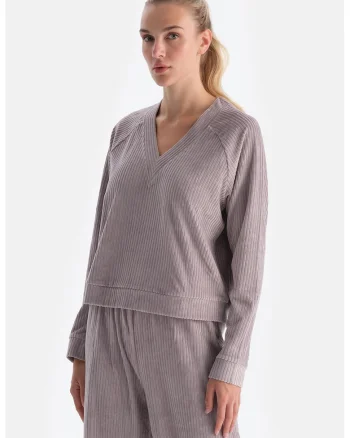 Bluza de trening din reiat cu decolteu in V, Violet prafuit