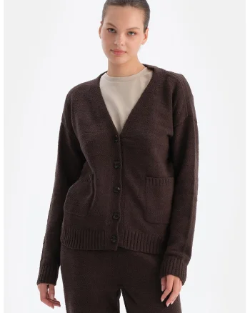 Cardigan cu buzunare aplicate, Maro inchis