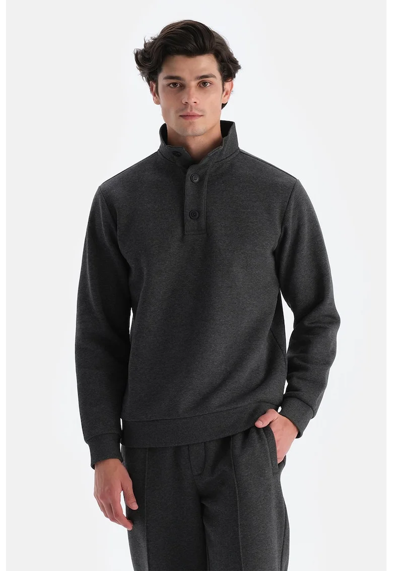 Bluza de trening cu model uni si fenta cu nasturi, Negru melange