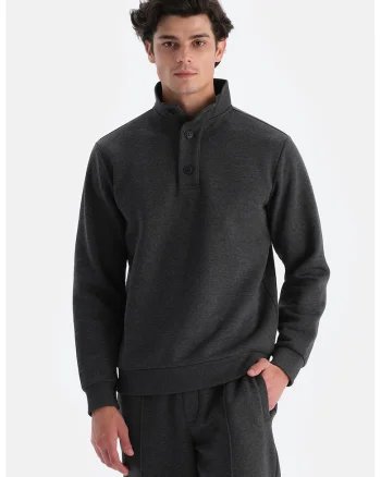 Bluza de trening cu model uni si fenta cu nasturi, Negru melange