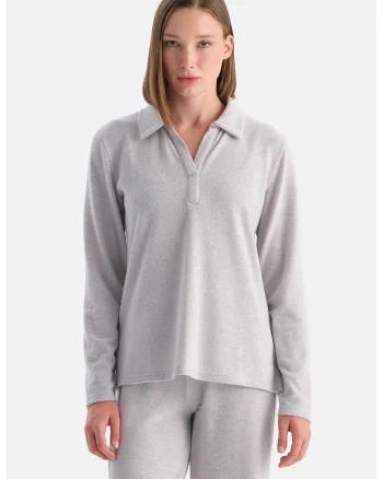 Bluza de trening polo cu maneci cazute, Gri deschis melange