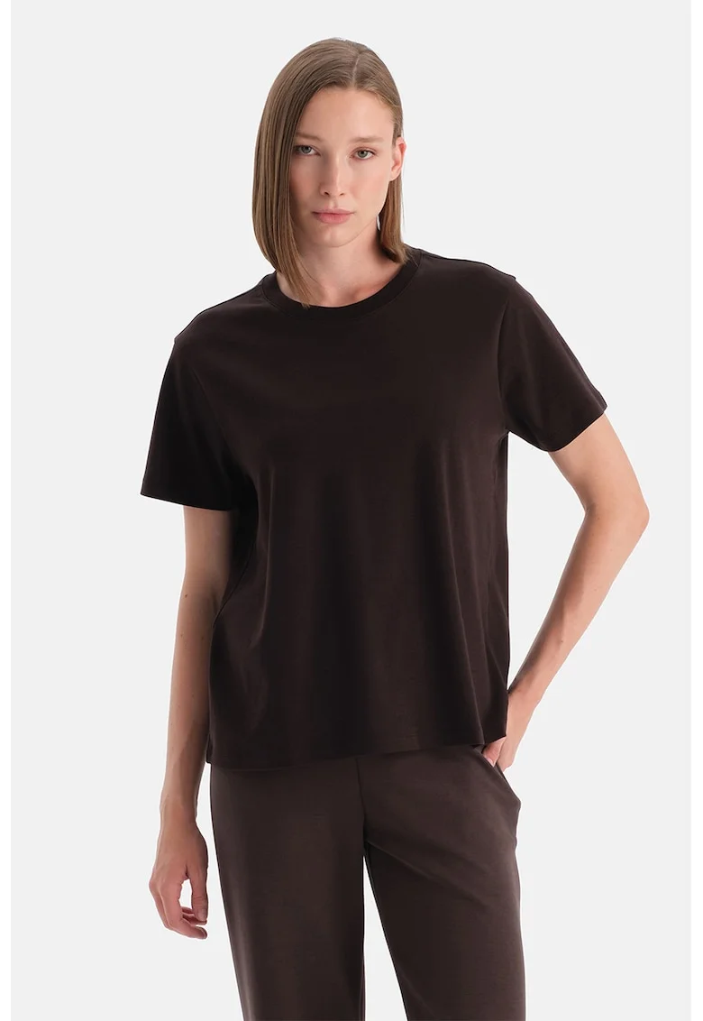 Tricou din bumbac cu decolteu la baza gatului, Maro inchis