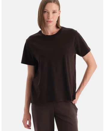 Tricou din bumbac cu decolteu la baza gatului, Maro inchis