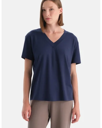 Tricou cu decolteu in V si maneci cazute, Bleumarin