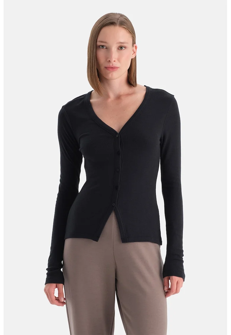 Bluza slim fit cu decolteu in V, Negru