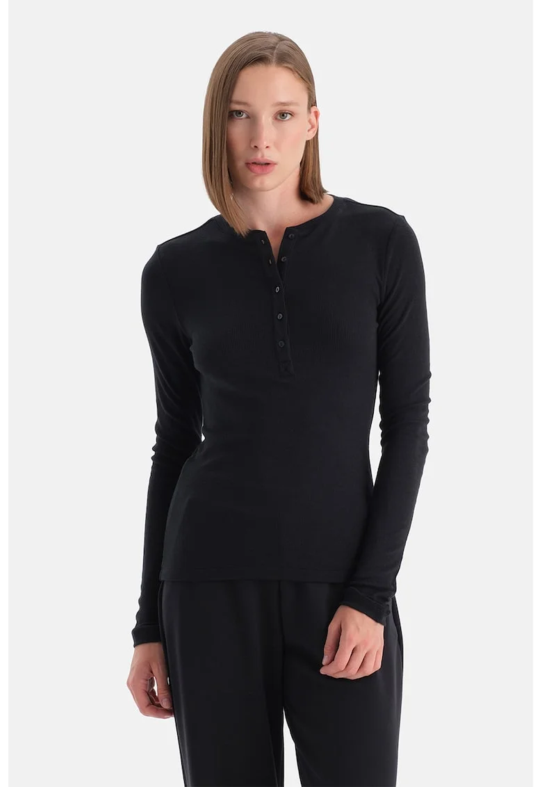 Bluza din amestec de modal cu fenta cu nasturi, Negru