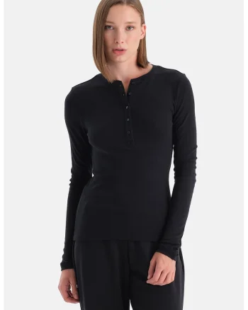 Bluza din amestec de modal cu fenta cu nasturi, Negru