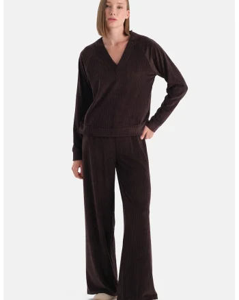 Pantaloni relaxed fit cu model uni, Maro inchis