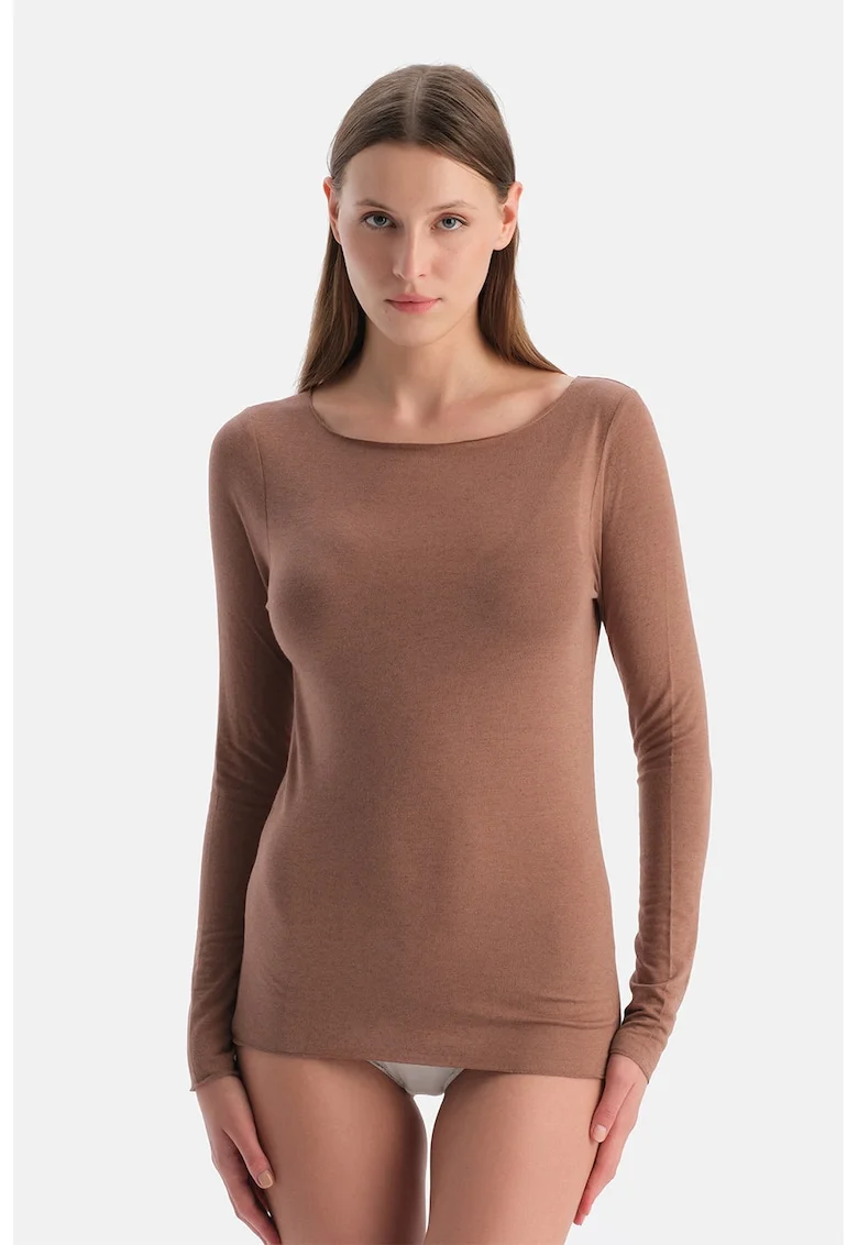 Bluza de casa din amestec de modal si casmir cu decolteu barcuta, Maro scortisoara