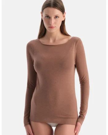 Bluza de casa din amestec de modal si casmir cu decolteu barcuta, Maro scortisoara
