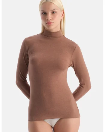 Bluza de casa din amestec de casmir si modal cu guler, Caramel