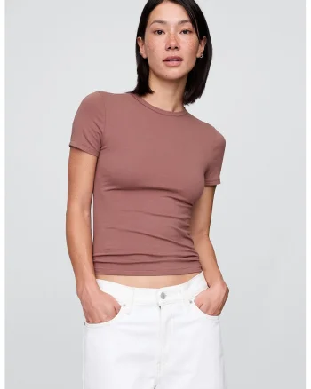 Tricou slim fit cu decolteu la baza gatului, Maro taupe