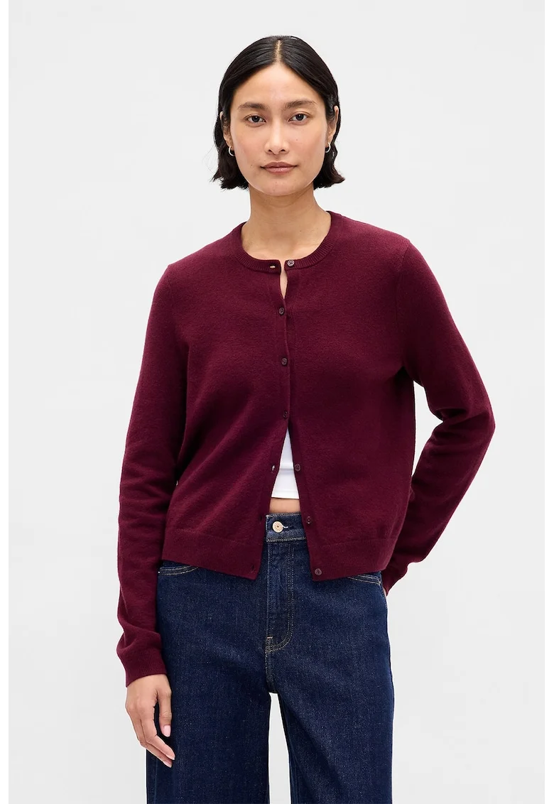 Pulover slim fit cu nasturi, Visiniu