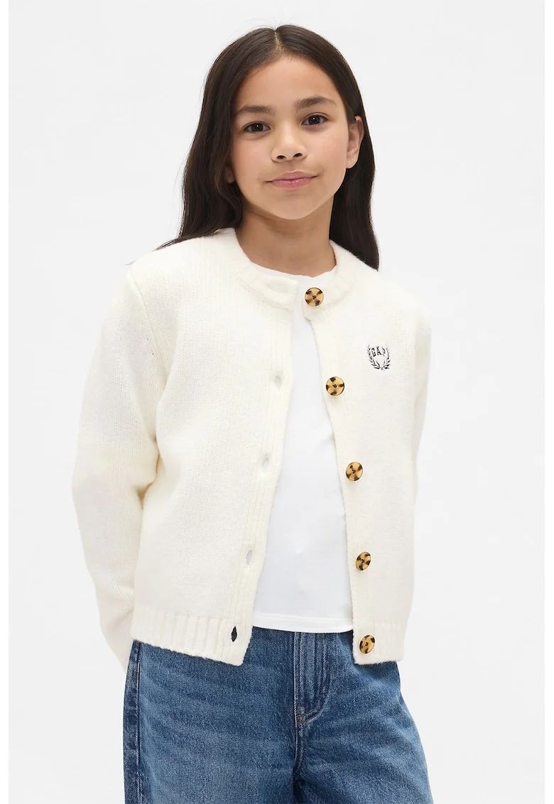 Cardigan cu nasturi si logo, Alb fildes
