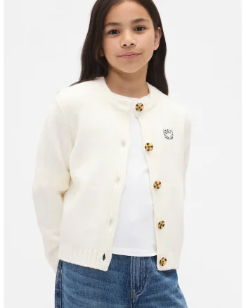 Cardigan cu nasturi si logo, Alb fildes