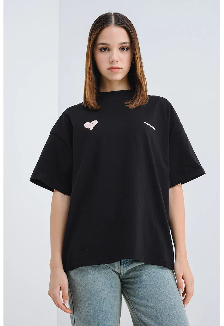 Tricou supradimensionat cu imprimeu logo, Negru/Roz prafuit