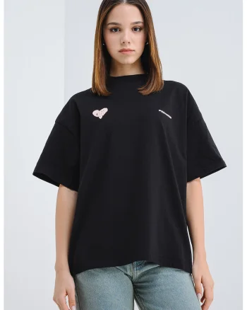 Tricou supradimensionat cu imprimeu logo, Negru/Roz prafuit