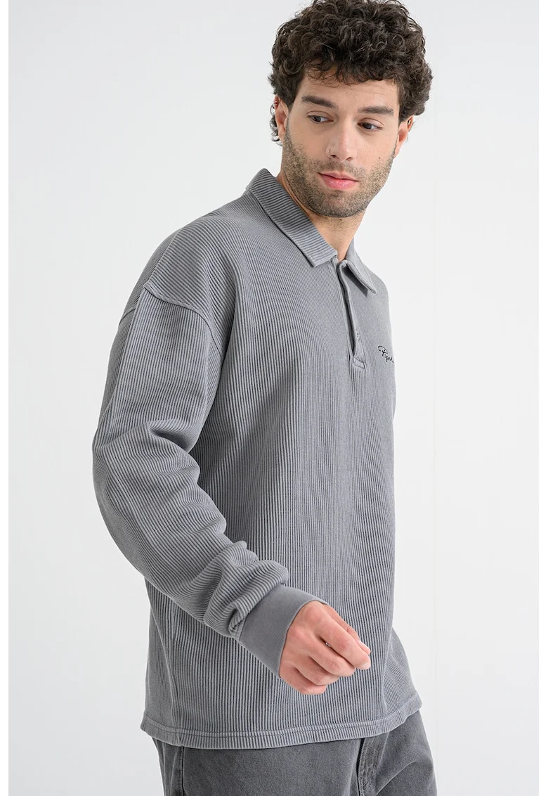 Bluza striata polo cu maneci cazute, Gri inchis