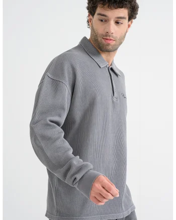 Bluza striata polo cu maneci cazute, Gri inchis