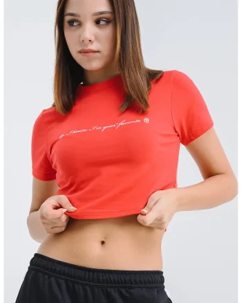 Tricou crop din bumbac cu decolteu la baza gatului, Rosu