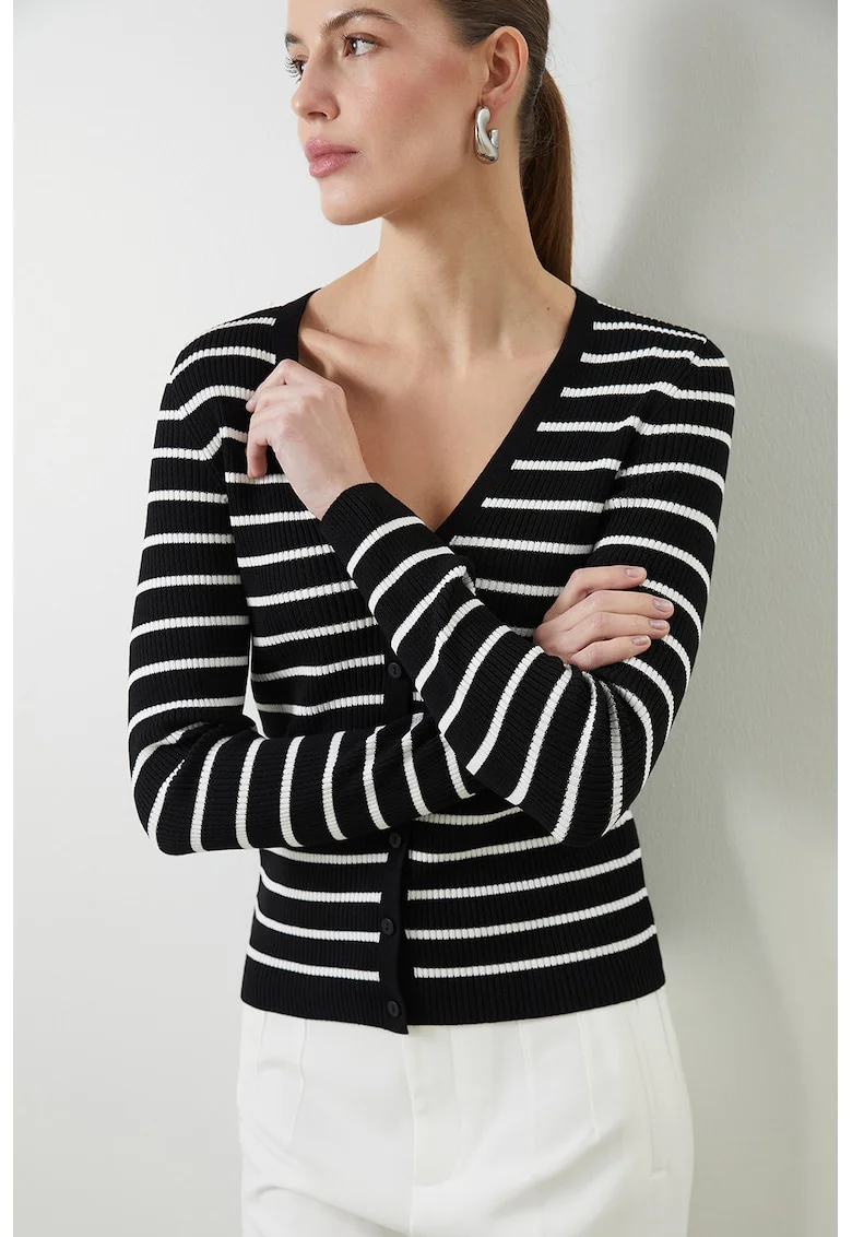 Cardigan cu dungi si decolteu in V, Negru