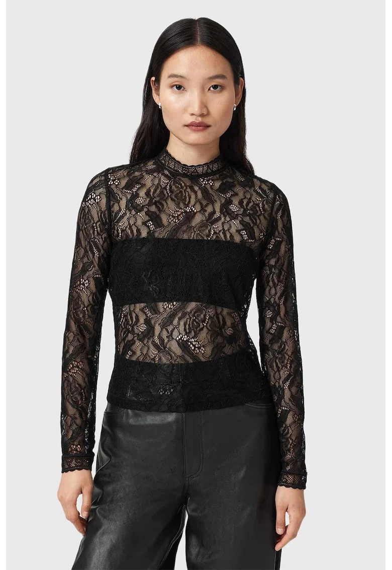 Bluza din dantela cu guler scurt Aria, Negru