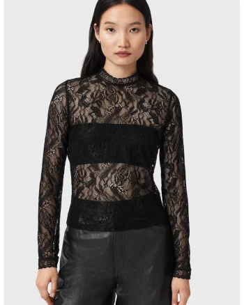 Bluza din dantela cu guler scurt Aria, Negru