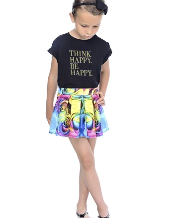 Fusta mini evazata cu pliu inversat, Albastru pastel/Coral/Galben pal