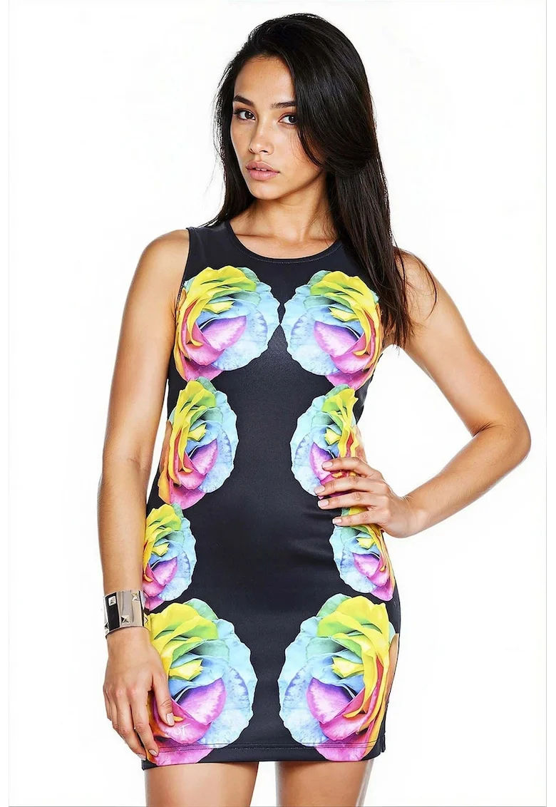 Rochie cambrata cu imprimeu floral, Albastru pastel/Negru/Galben pal