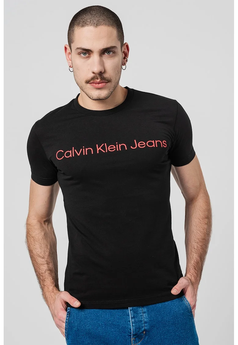 Tricou slim-fit cu imprimeu logo, Negru/Rosu vermillion