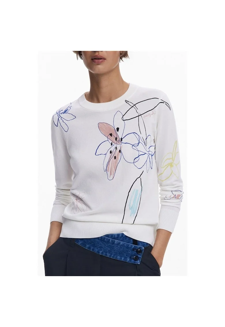 Pulover dama  25wwjf33, model floral, alb