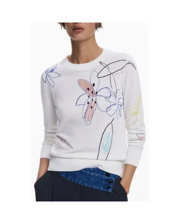 Pulover dama  25wwjf33, model floral, alb