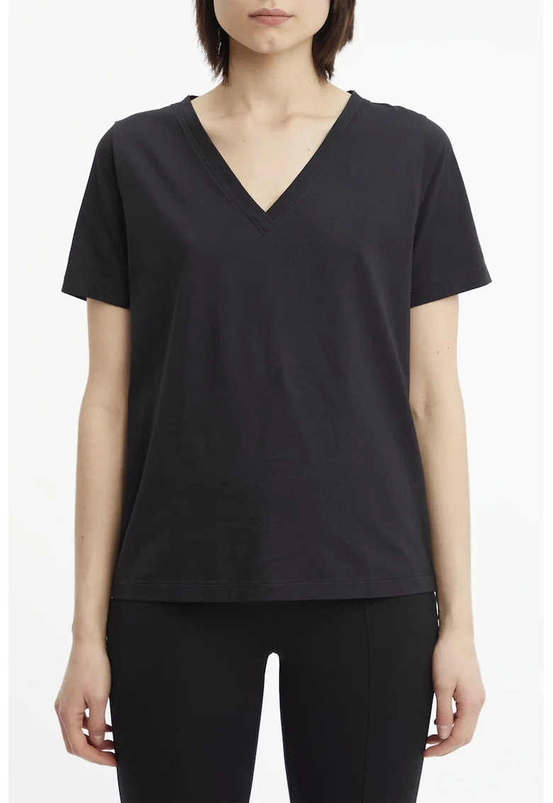 Tricou din bumbac cu decolteu in V, Negru