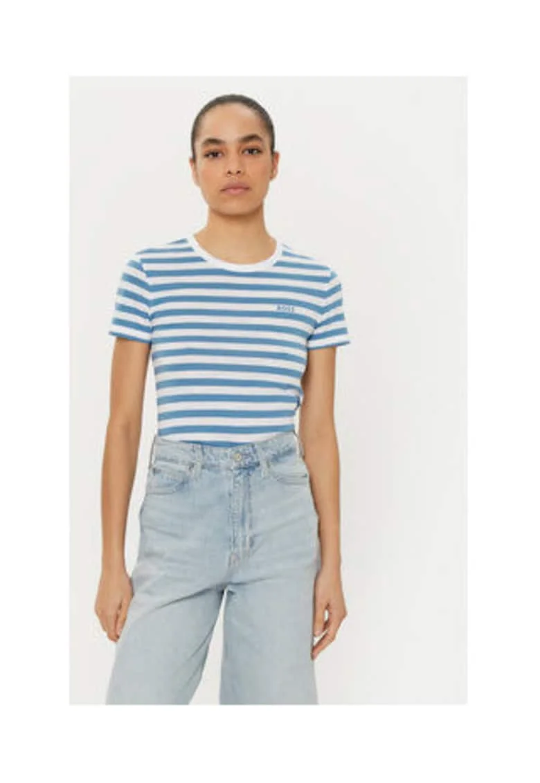 Tricou dama,  Bumbac, Albastru/Alb