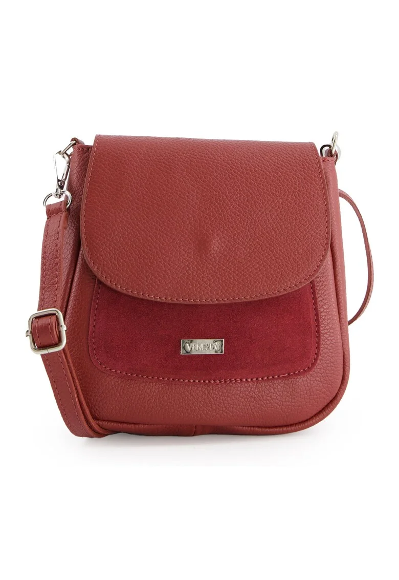 Geanta de umar,  piele naturala, rosie, 19x20x7cm, cu 3 buzunare, curea detasabila max 124cm