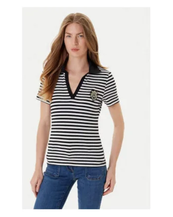 Tricou polo dama,  Negru/Alb, Viscoza/Poliester,