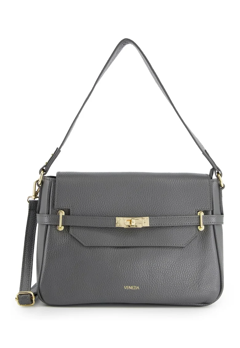 Geanta messenger din piele naturala  gri, 31x22x12cm, cu 3 buzunare interioare, curea detasabila max 117cm